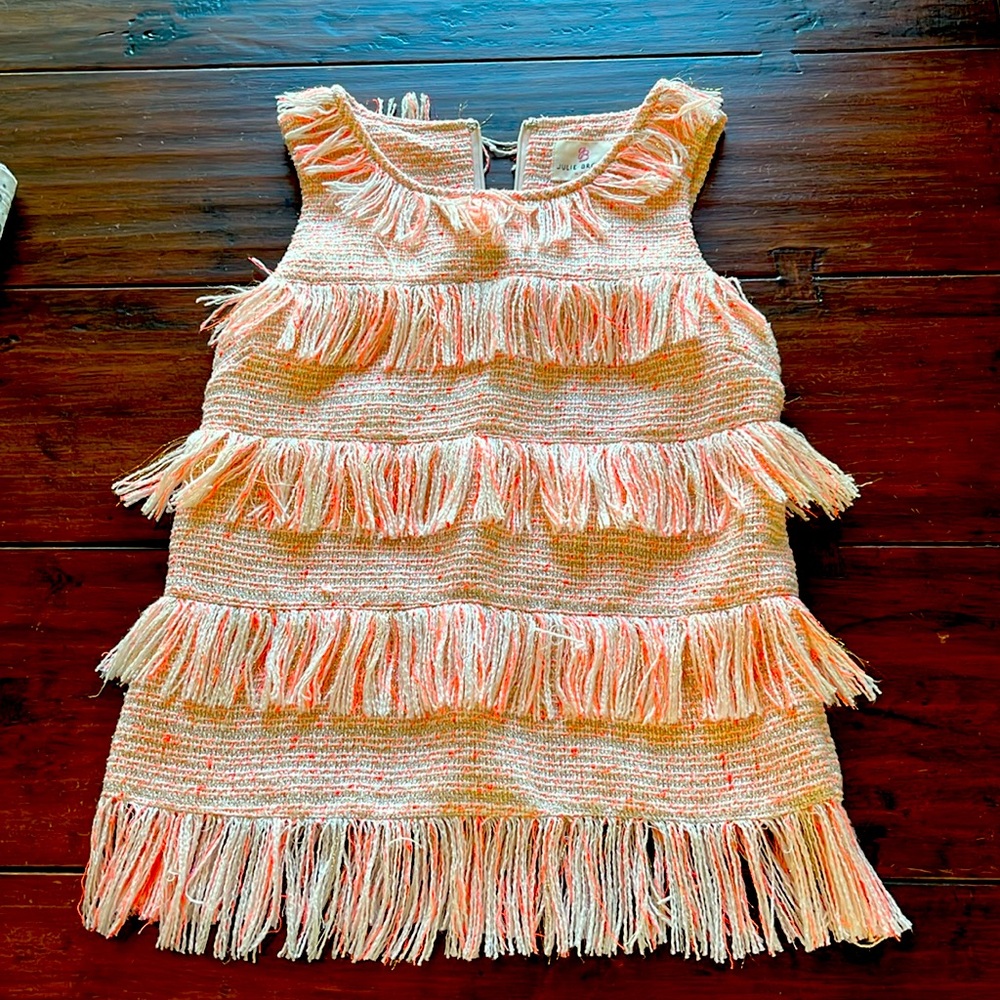 Julie Brown Fluorescent Pink, White, Gold Tweed Top with Tiered Fringe, Perfect